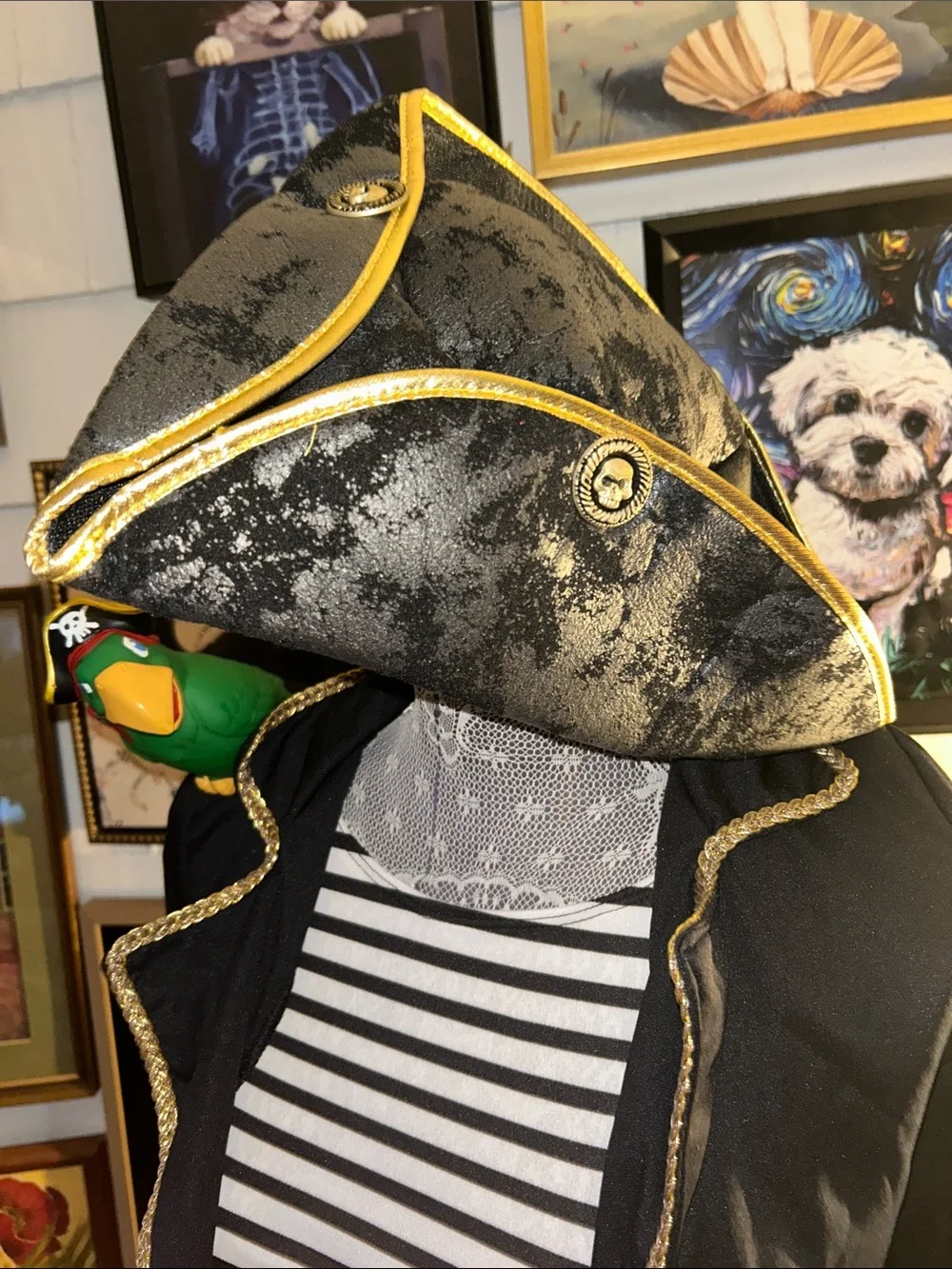 Kids Black Pirate Costume Coat with Gold Trim and Striped Shirt